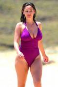 Kelly Brook Straining Her Purple One-Piece Swimsuit