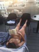Nudist Wife Reading On Rooftop