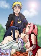 [Hinata And Sakura] Giving Naruto A Blowjob