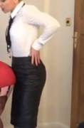 Mistress Pulls Down Her Leather Pencil Skirt To Fuck Her Sissy