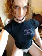 Black Shirt, Soft Breasts, Gray Panties, Girl Cock