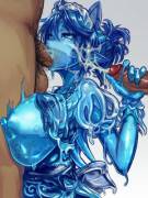 Busty Blue Slime Girl In A Neko Maid Outfit Serves Her Masters Well.