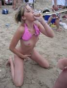 Funneling A Beer On The Beach With Her Tits Out And Her Hand In Her Bottoms.