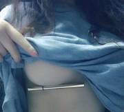 Blue T-Shirt Underboob Holding Silver Pen