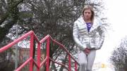 Sexy Blonde Claudia Sprays Her Warm Pee On Some Steps