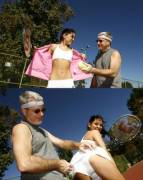 She Sucks Her Middle-Aged Tennis Instructor's Cock On The Court