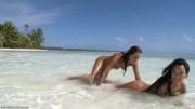 Beautiful Coastal Females Play-Fighting In The Shallows