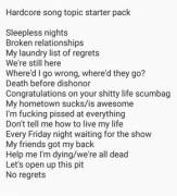 Hardcore Song Topic Starter Pack