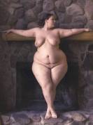 Milf With Mega Hips Posing By The Fireplace