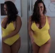 Braless Yellow Swimsuit In The Mirror