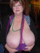 Flashing Her Huge Hangers At Mardi Gras