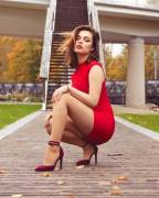 Red Dress And Nude Pantyhose