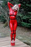 Katy Cee - Red Latex Catsuit, Rope And Ballgag