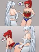 Weiss Enjoying Pyrrha's Costume (どんぶり)