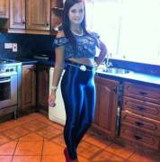 Tight Shiny Blue Leggings And Heels