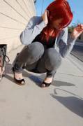 Dyed Red Hair, Wetting Her Pants Outside