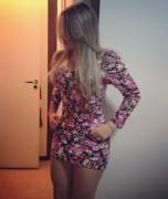 Amateur Babe Adjusting Her Tight Flower Dress.