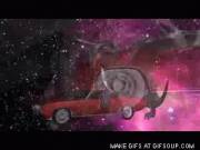 A Dragon In Sm Gear Mounting A Red Convertible On A Galactic Background