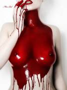Topless Girl Covered In Red Gloss