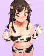 [Anime] Cute Girl In A Cowprint Outfit With Two Bottles Of Freshly-Squeezed Milk