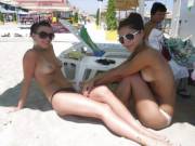 Two (2) Topless Sisters Posing (While Their Mother Observes)