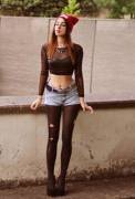 Jean Shorts And Ripped Black Tights