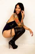 Sexy Asian In Hot Leather Boots And Tattoo