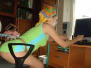 Russian Girl With Tight Green Shorts And Face Cream