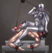 Dark Elf Sitting On The Face Of A Tormented Man