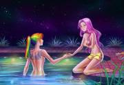 Rainbow Dash And Fluttershy At The Pool (Artist: Alexielart)
