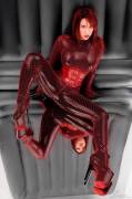Red Fishnets Over Black Latex