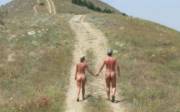 Nudist Couple, Hand-N-Hand, In Nature = No Stress
