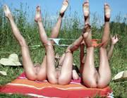 Three Teens Show Their Tight Pussies Alfresco