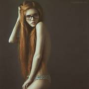 Long Straight Red Hair, Slim Girl In Nice Lingerie And Glasses