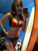 Selfie In Jean Shorts And Red Bra